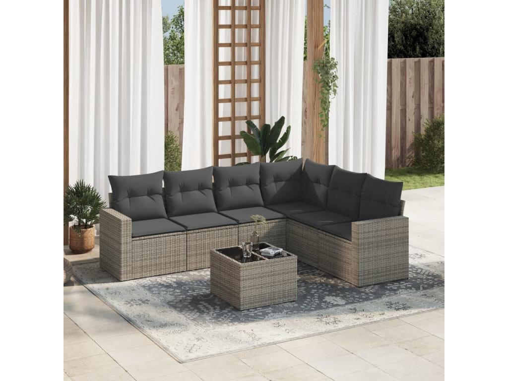 7-piece garden furniture set with cushions, grey woven resin, 66264PDBG