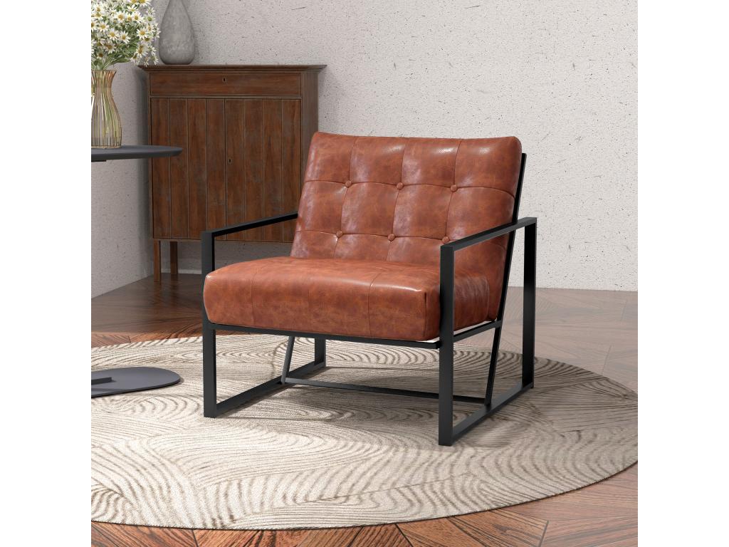 Parisianestop style armchair, Parisianestop tufted effect, black metal frame, tan synthetic upholstery, 85497XNRX