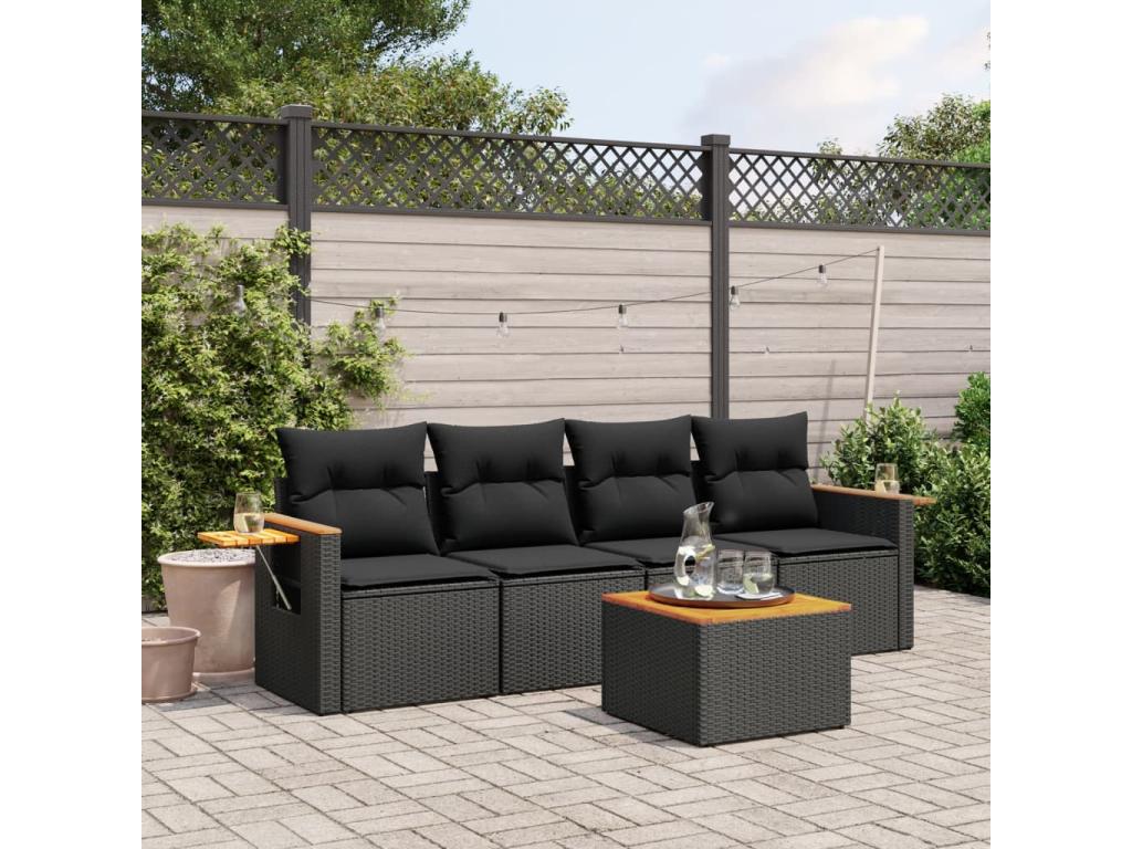 5-piece garden furniture set with cushions, black resin wicker, 33008ZVFF