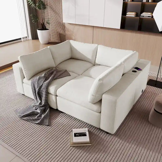 Beige Upholstered 4-Seater Modular Sectional Sofa with Wireless Charging