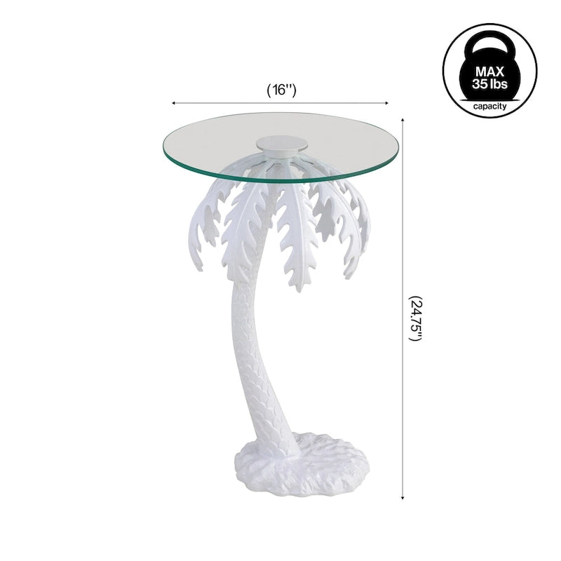 Hedda 24.75 Mid-Century Vintage Glass Top Metal Palm Tree End Table, White, by JONATHAN Y