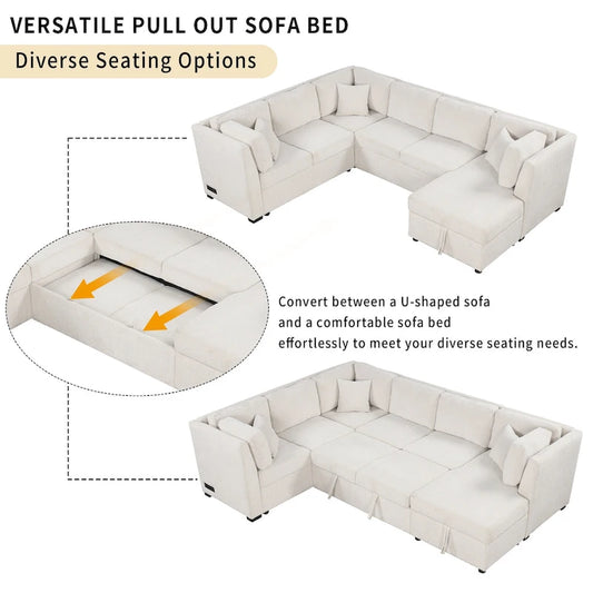 108.6 Chenille U-Shaped Sectional Sofa Bed with USB Ports, Storage Chair, and 3 Back Pillows