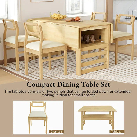 Wood Dining Table Set for 4, Extendable Square Kitchen Table Set with Two Drop Leaves, Storage Shelf and 4 Upholstered Chairs