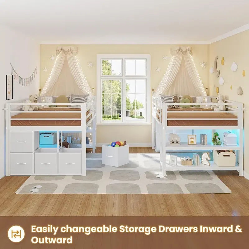Twin Size Low Loft Bed with 6 Fabric Storage Drawers LED Lights