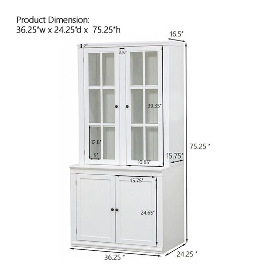 75.25 Tall Display Cabinet with Double Glass Doors, Traditional Style China Cabinet Hutch Cabinet