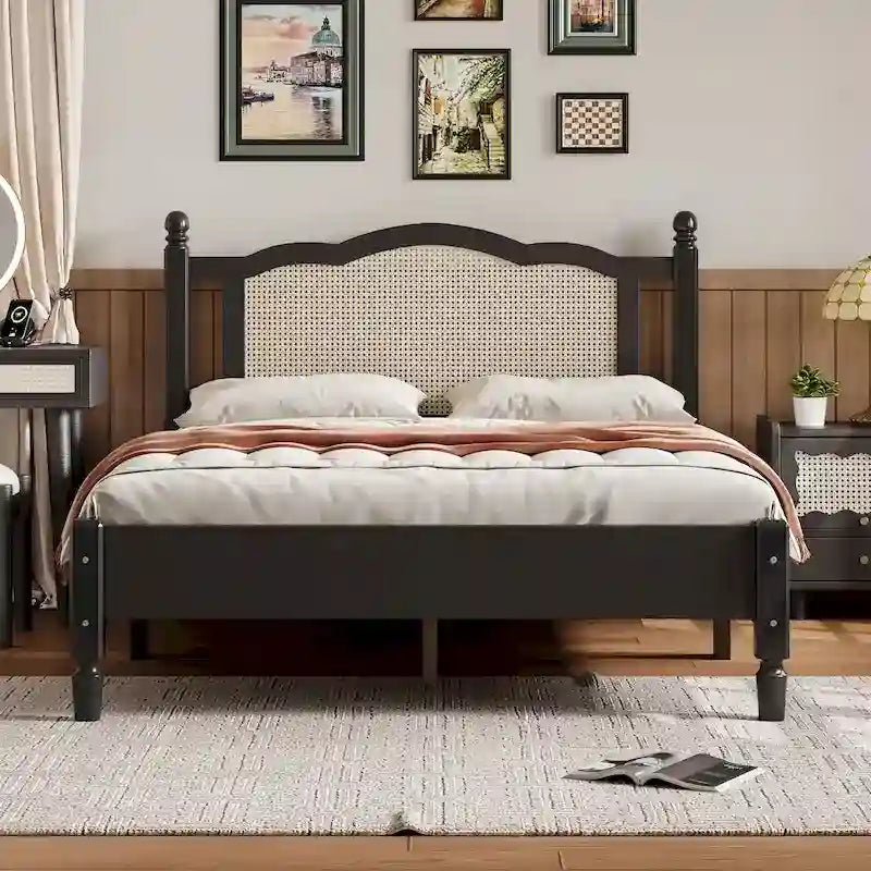 Vintage Wooden Bed with Rattan Headboard