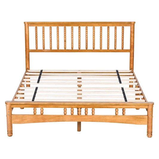 Oak Elegant Style Queen Size Wooden Platform Bed with Headboard for Bedroom