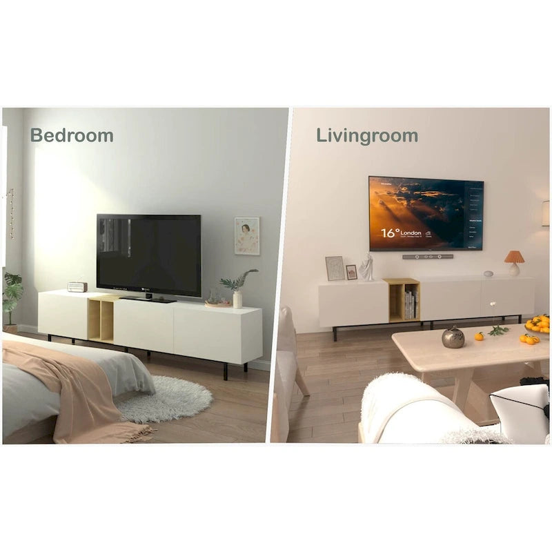 White 77 TV Console with Big Storage & Built-in Socket for TVs Up to 70