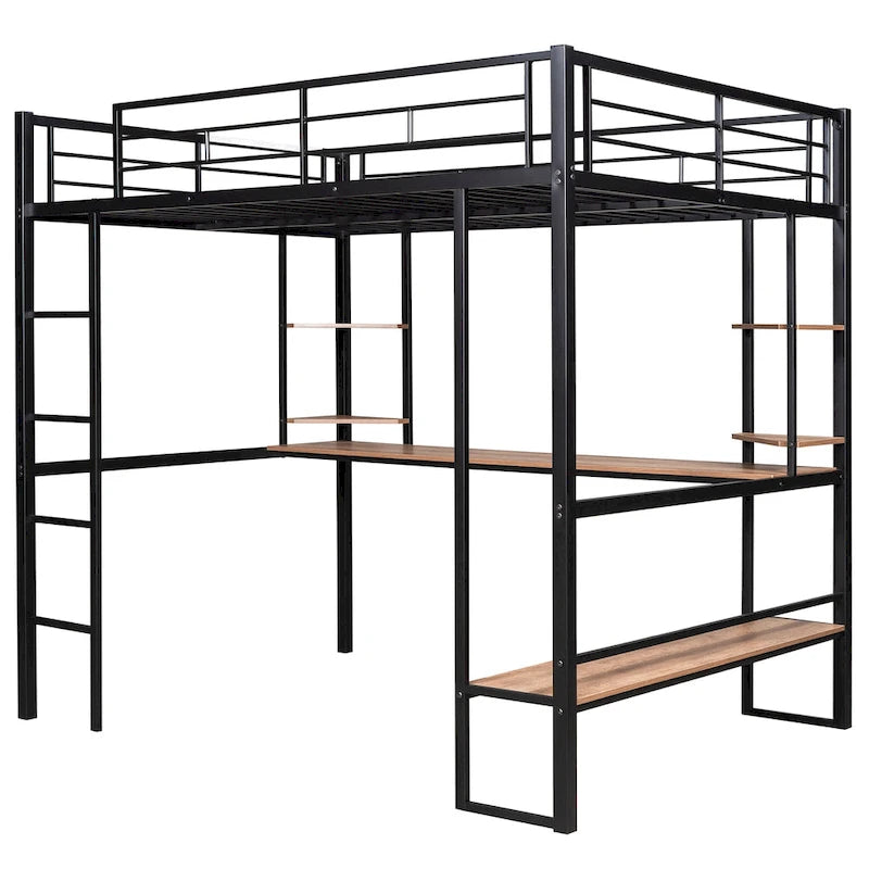Black Full Size Metal Loft Bed with Long Desk and Shelves for Kids, Boys and Girls