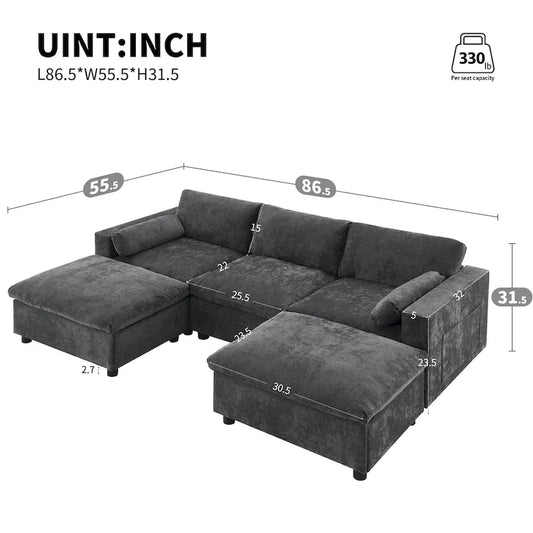 86.5 Chenille Modular Sofa with Storage Pockets, Movable Ottomans