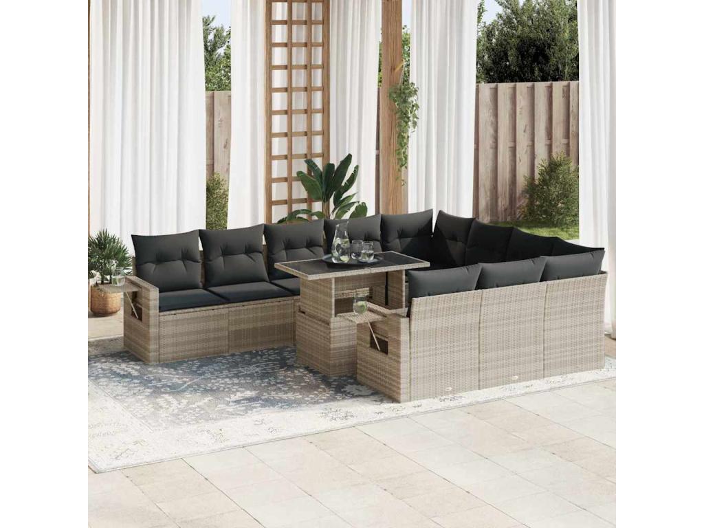 11-piece garden furniture set with light grey resin wicker cushions 22121XKRY