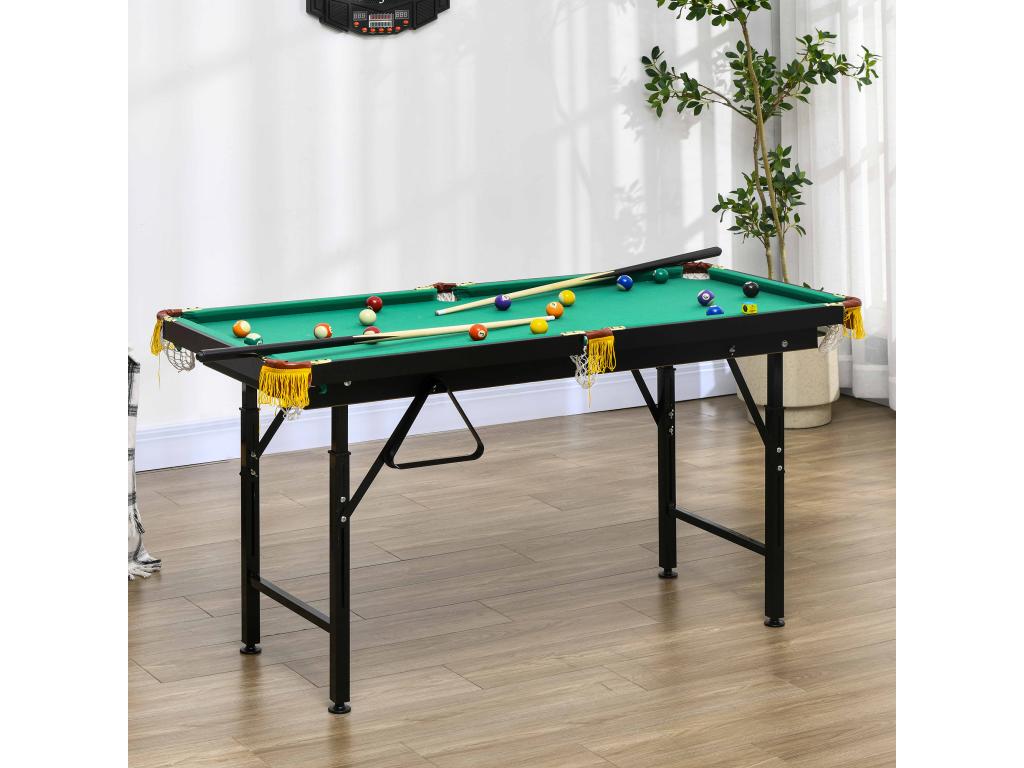Folding pool table with adjustable height and accessories - dimensions: 140L x 60W x 55-75H cm - green 07762AUXP