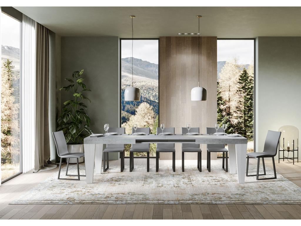 Extendable table, concrete grey with white wood legs, seats 6 to 12 people, Parisianestop, L 180 to 284cm - 4-leg support, 67710ITJZ