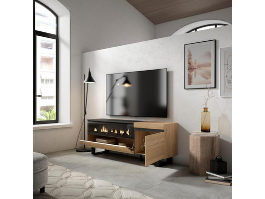 TV Stand/Bench 150x57x35cm For TVs up to 65" Electric Fireplace Industrial Design Oak and Black 93784HUGT