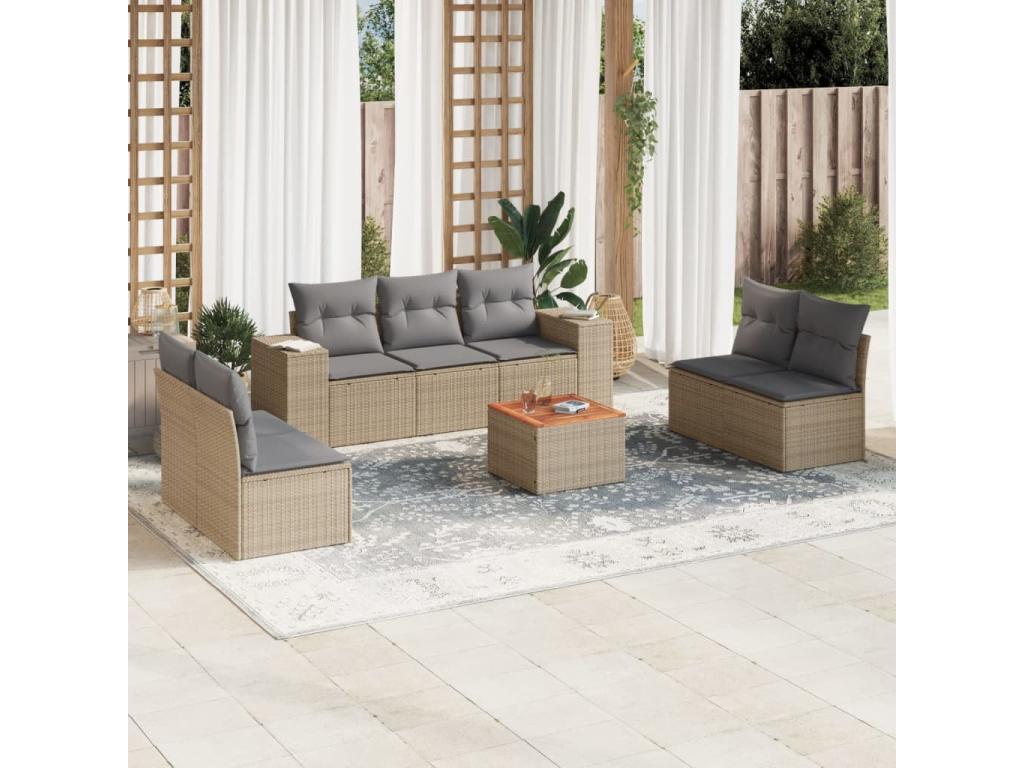 8-piece garden furniture set with cushions, beige woven resin, 14180EWPT