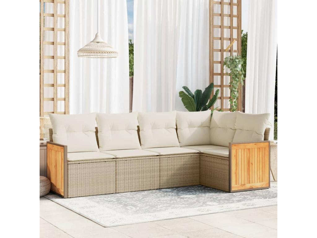 5-piece garden furniture set with cushions, beige wicker resin, 61237FQUW