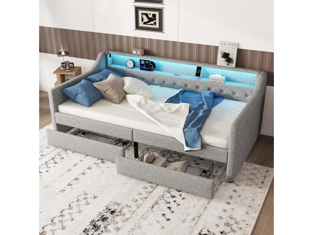 Upholstered bed 90x200 cm with headboard - LEDs - 2 drawers, USB charging port and storage shelf - linen fabric - grey, without mattress 83461KILS