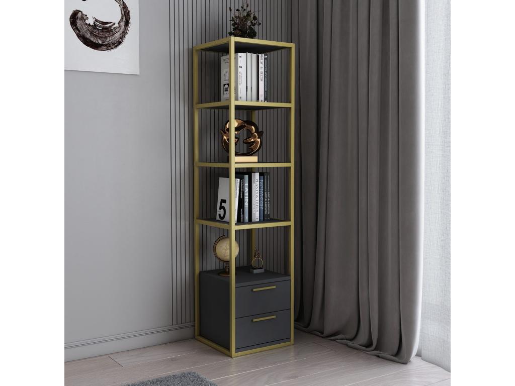 Parisianestop 2-Drawer Bookshelf, 39cm x 160cm, Gold Metal and Anthracite Wood, 26168NYHW