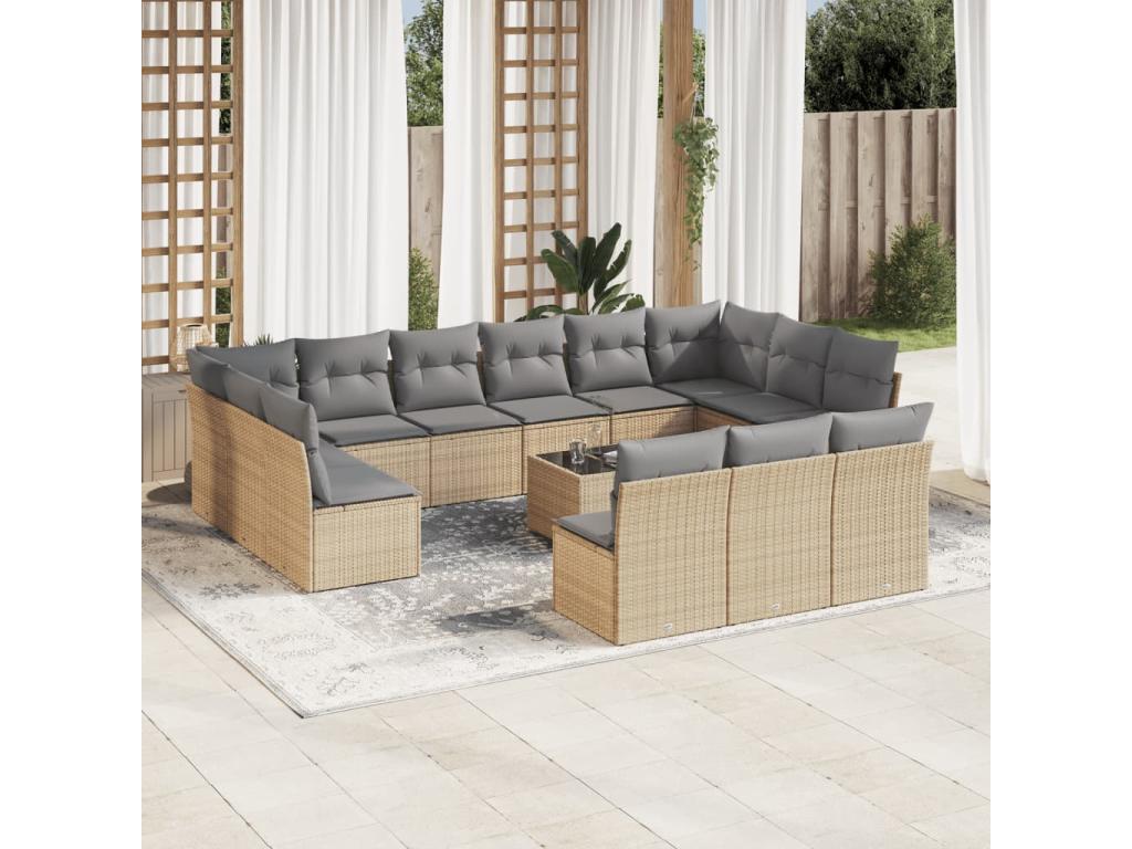 14-piece garden furniture set with cushions, beige wicker resin, 62095AQTD