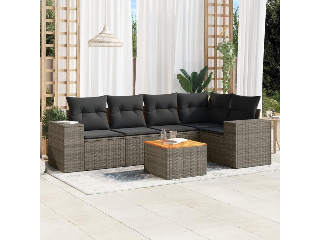 6-piece garden furniture set with grey resin wicker cushions 65927MESW