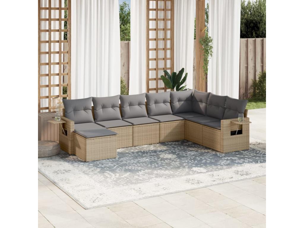 8-piece garden furniture set with cushions, beige wicker resin, 78499YTRZ