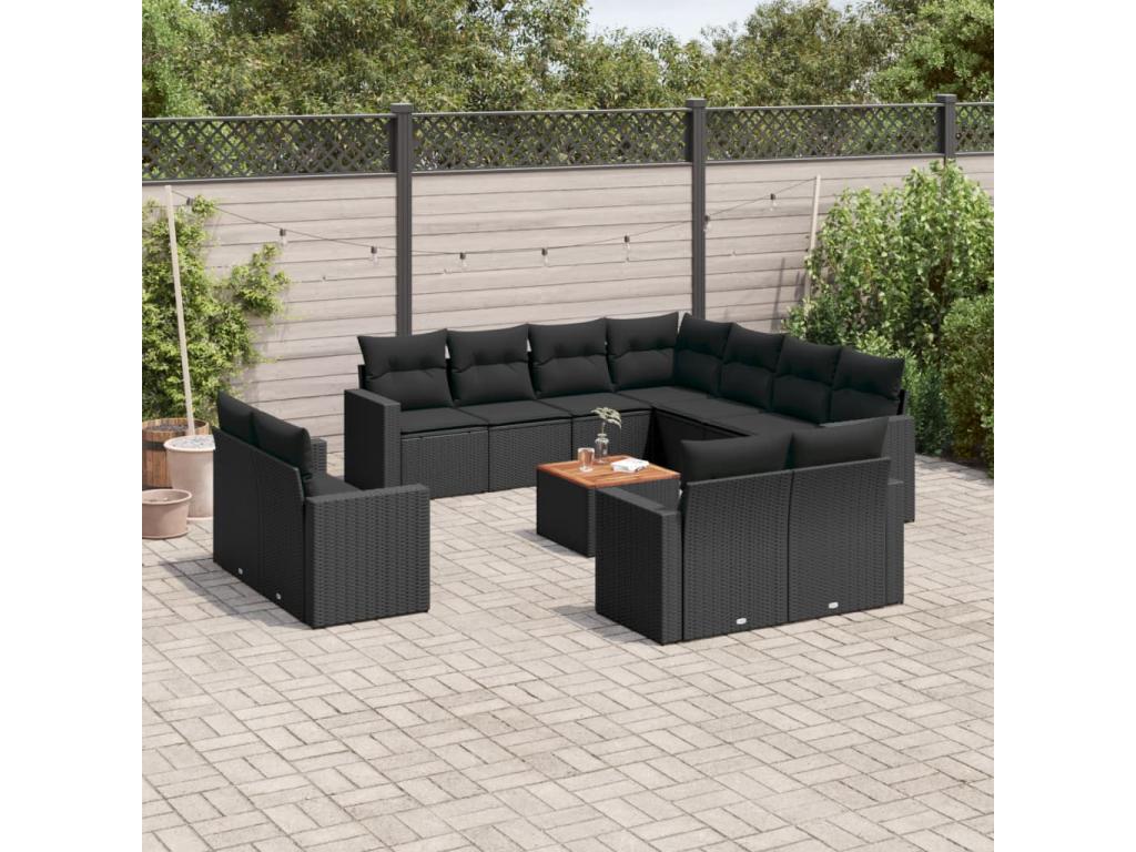 12-piece garden furniture set with cushions, black woven resin, 48590OFZC
