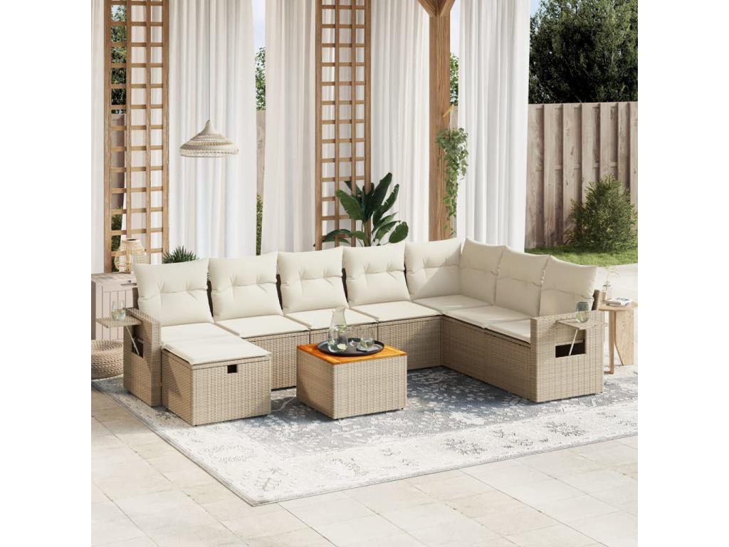 9-piece garden furniture set with cushions, beige wicker resin 00682ZZHK
