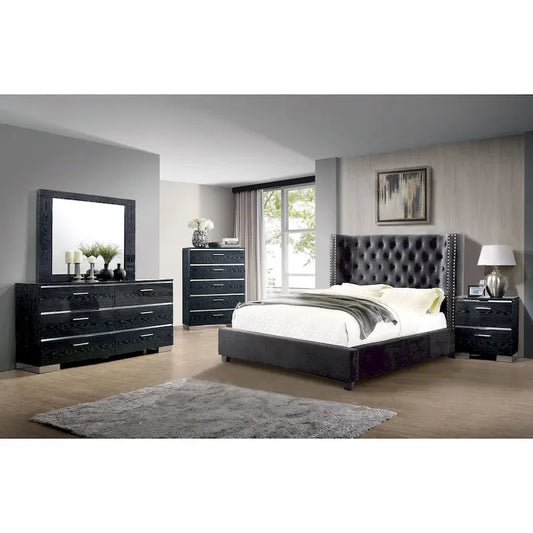 Furniture of America Tail Glam Gray Tufted Fabric Wingback Panel Bed