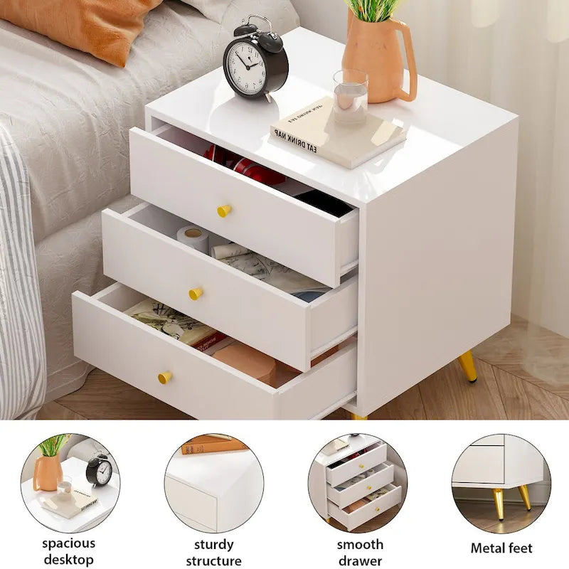 Nightstand Bedside Table 3-Drawer with Metal Legs End Table White