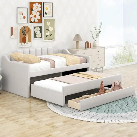 Twin Size Upholstered Daybed with Trundle and Three Drawers,Beige