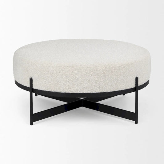 Amelia Cream Boucle Fabric with Black Metal Frame Round Ottoman