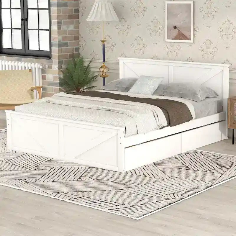 Wooden Platform Bed with Four Storage Drawers and Support Legs