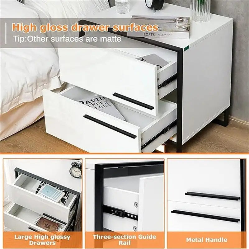 LED Nightstand with 2 High Gloss Drawers