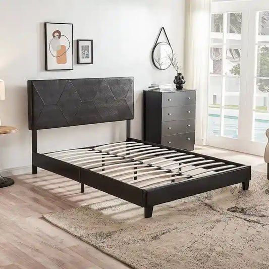 Queen Size Upholstered Platform Bed Frame ,Wood Slat Support, Easy Assembly,Black,PU