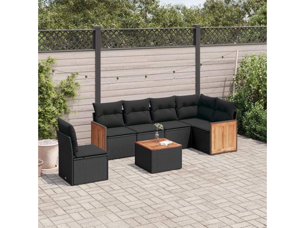 7-piece garden furniture set with cushions, black woven resin 86061SWQJ