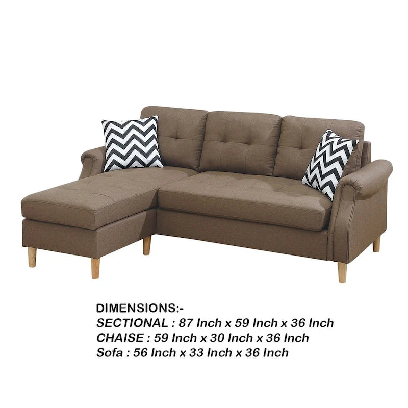 Fabric 2 Piece Sectional Sofa with Round Tapered Legs, Brown