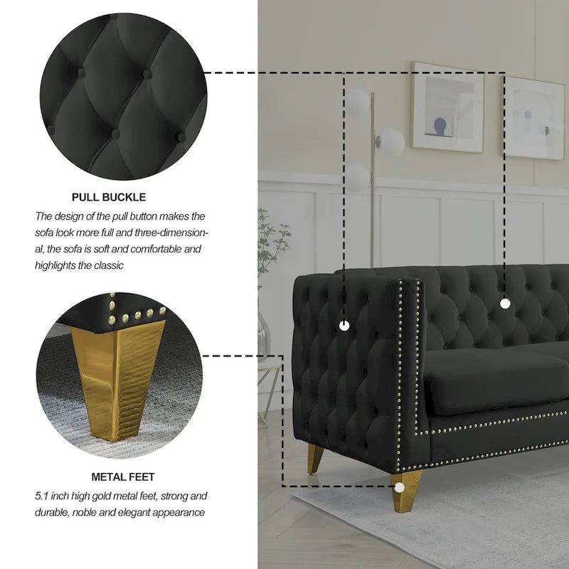 Modern Velvet Sofa Couch Upholstered Button and Metal Legs