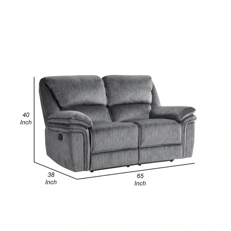 Muir 65 Inch Manual Recliner Loveseat, Tufted Gray Microfiber, Solid Wood