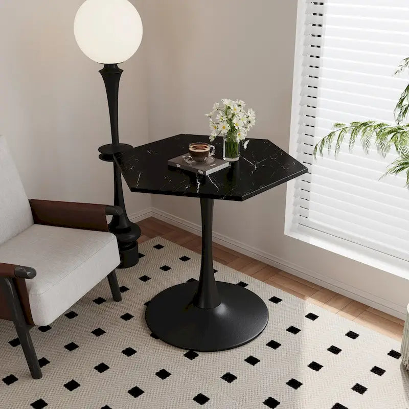 31.50 Modern Hexagonal Coffee Table with Printed Marble Top and Metal Base for Dining Room, Kitchen and Living Room