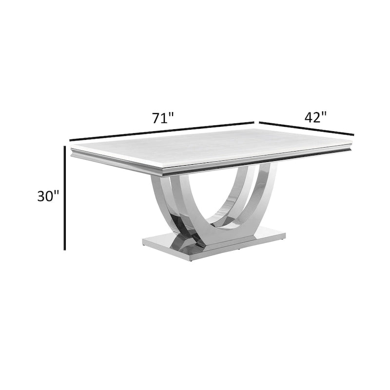 71 Inch Dining Table, Rectangular White Faux Marble Top, Pedestal Base