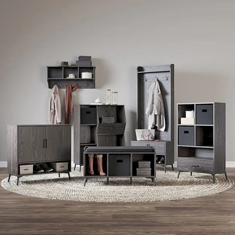 RiverRidge Woodbury Hall Tree with Entryway Bench, Shoe Storage, Coat Hooks & Cubby Storage - Weathered Woodgrain