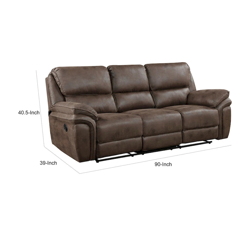 Tony 90 Inch Double Manual Recliner Sofa, Brown Microfiber, Solid Wood