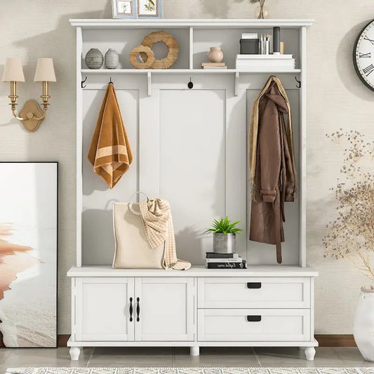 Modern Style Hall Tree with Storage Cabinet and 2 Large Drawers,Widen Mudroom Bench with 5 Coat Hooks