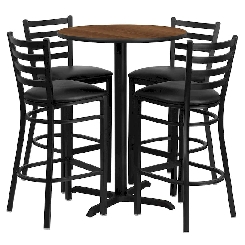 30 Round Laminate Table Set with X-Base and 4 Ladder Back Metal Barstools