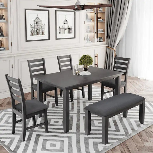6 Piece Room Chairs with Bench, Rustic Wood Dining Set Table, Gray
