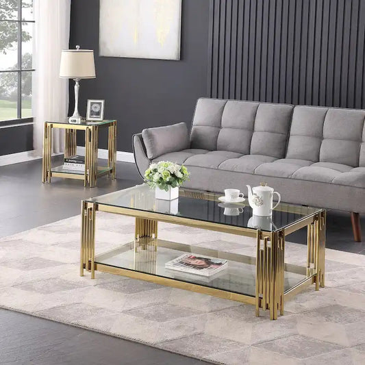 48 Wide Rectangular Coffee Table with Glass Top, Stainless Steel Double-Layer Coffee Table