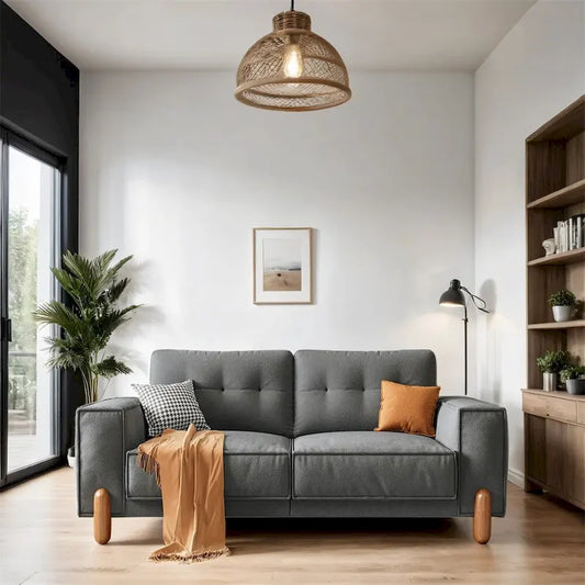 Modern Teddy Fabric Upholstered Sofa w/ Wood Legs and 2 Pillows