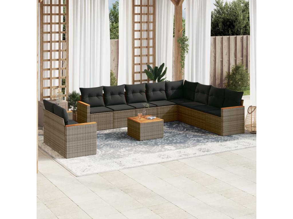 11-piece garden furniture set with grey resin wicker cushions 75808FCWP
