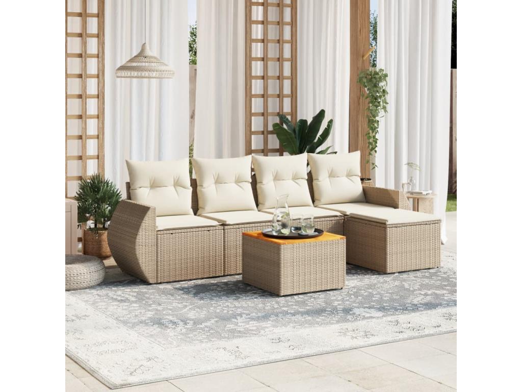 6-piece garden furniture set with cushions, beige wicker resin, 32620ZUEN