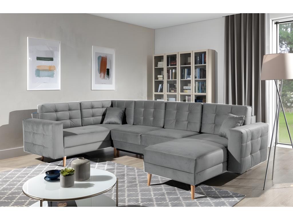 Panoramic convertible sofa - Parisianestop VELVET - in quality fabric, 5-seater grey chaise longue on the right and corner on the left (as seen from the front) 60844NXLC
